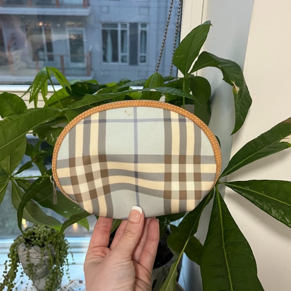 Burberry Blue & White Check Print Small Cosmetic Bag